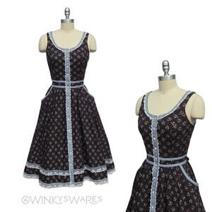 Gunne Sax Vintage 70s Floral Midi Dress Size 9 S Button Prairie Calico Pockets